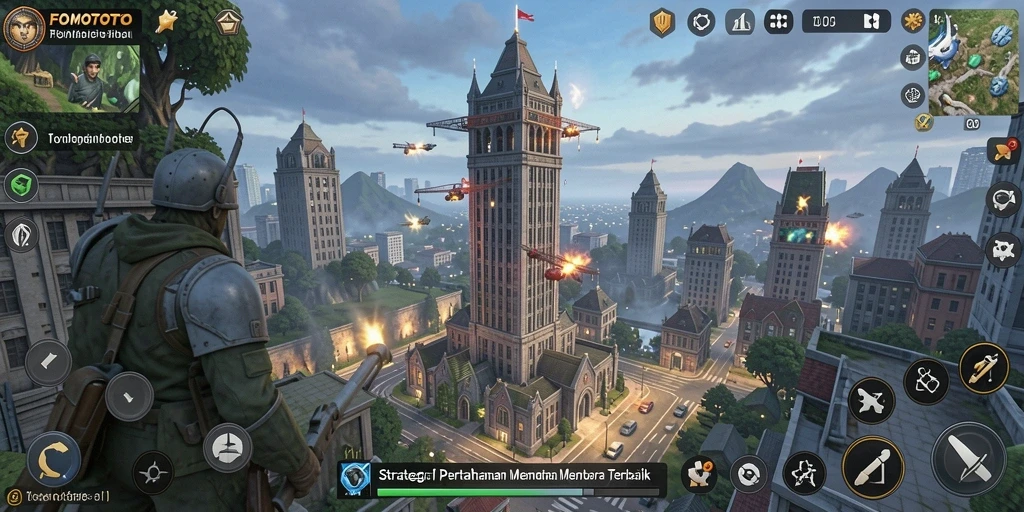 Screenshot FOMOTOTO menampilkan aksi seru dalam pertahanan menara.