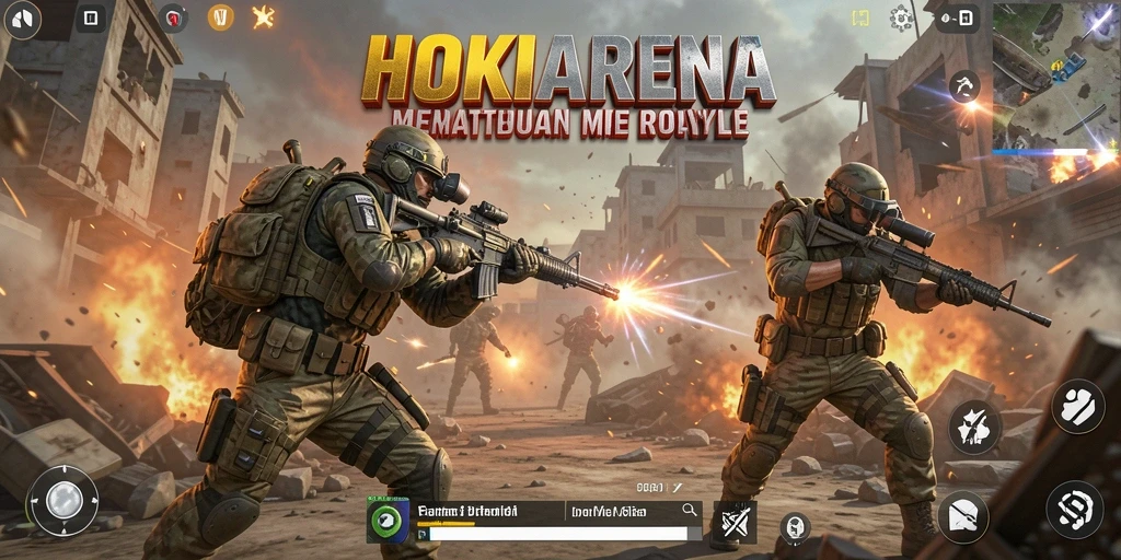 Gameplay HOKIARENA yang intens di medan perang Battle Royale.