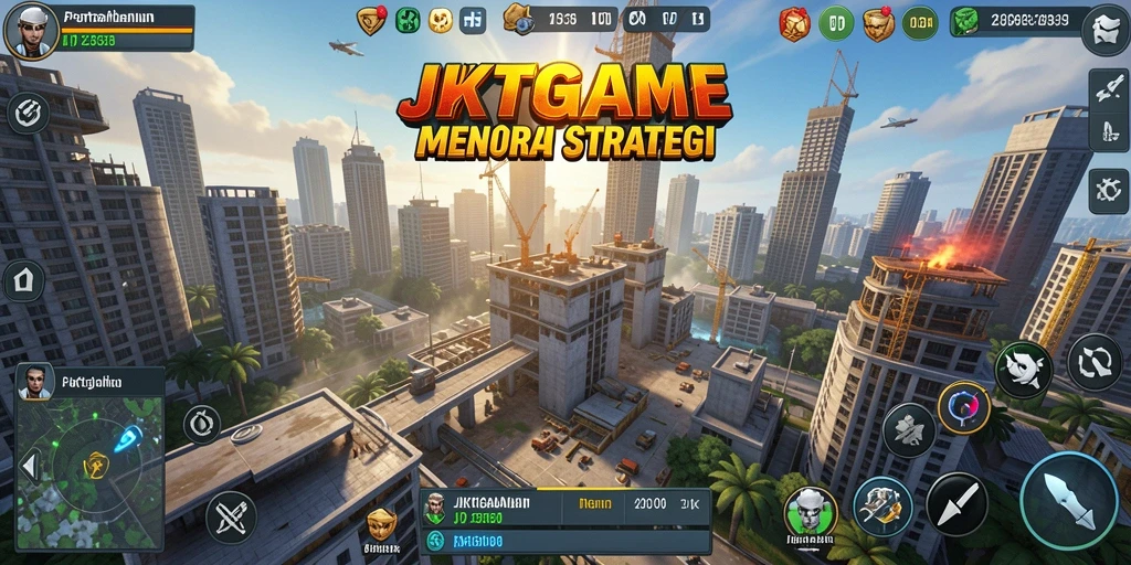 Screenshot gameplay JKTGAME menampilkan aksi menara pertahanan yang intens.