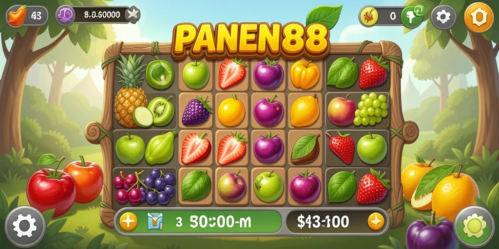 Screenshot menunjukkan gameplay seru PANEN88 dengan kombinasi buah berwarna-warni.