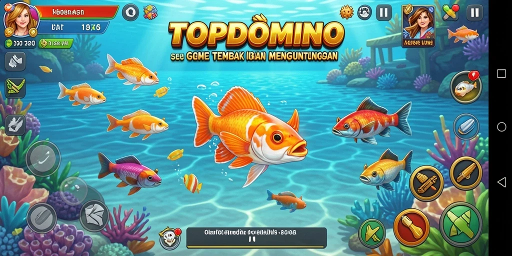 Tampilan gameplay seru dari TOPDOMINO yang menampilkan aksi Tembak Ikan.