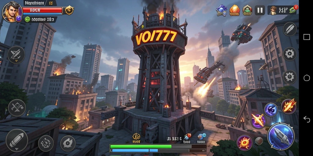 Tangkapan layar utama VO777 menampilkan aksi pertahanan menara yang seru.
