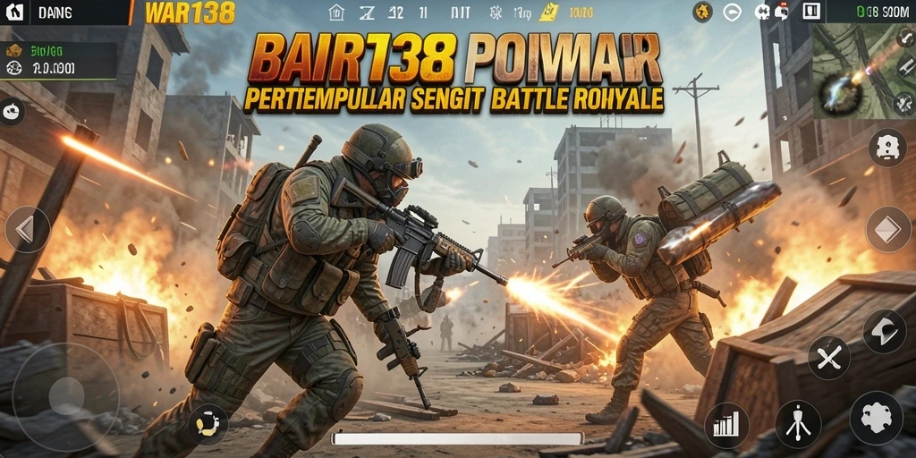Tangkapan layar utama dari <strong>WAR138</strong> menunjukkan aksi pertempuran Battle Royale yang seru.
